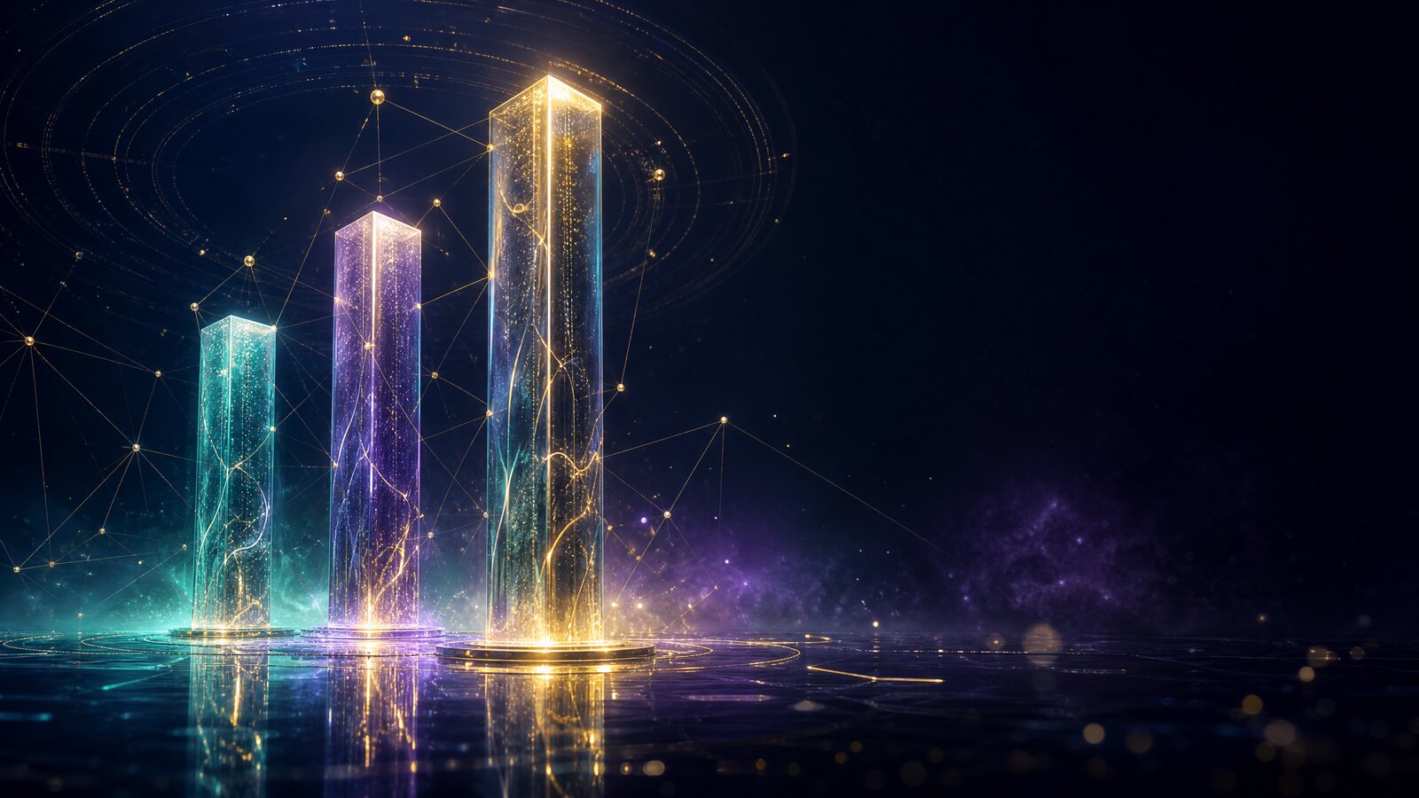 ثلاثة أعمدة مضيئة ترمز إلى منهجية السيو الثلاثية: التقني والمحتوى والسلطة
