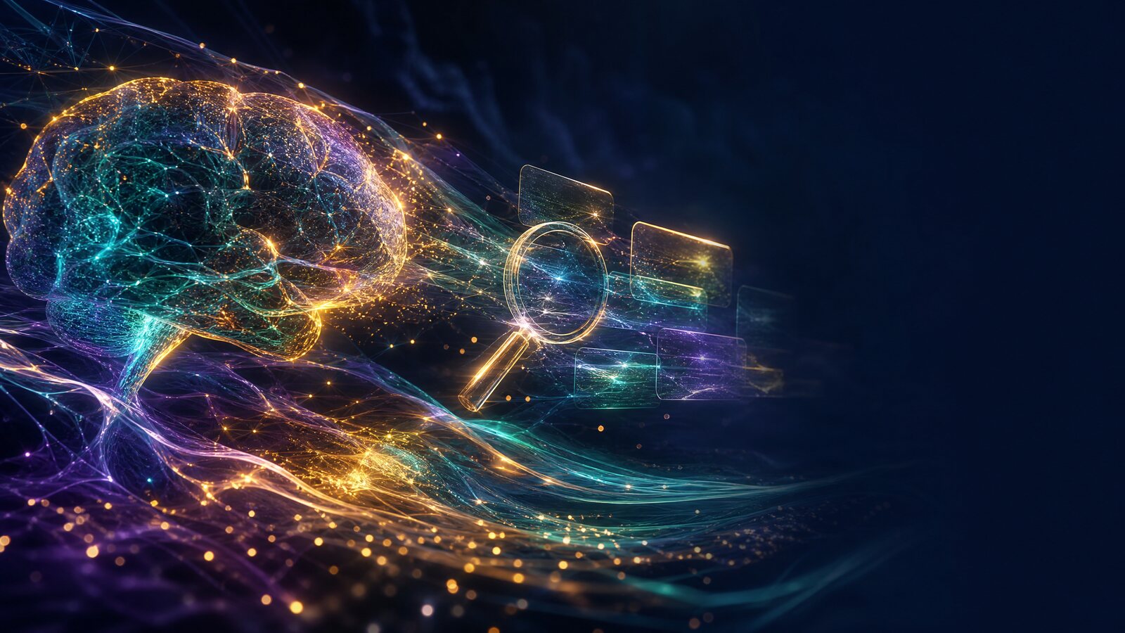 شبكة عصبية مضيئة ترمز إلى تحسين الظهور في محركات الذكاء الاصطناعي GEO و AEO